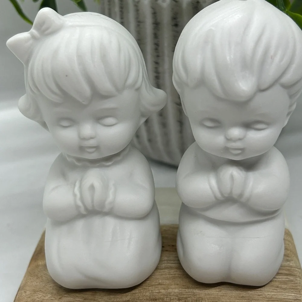Vintage Salt Pepper Shakers White Kitchen Christian Decor Vtg Art Ceramic Craft